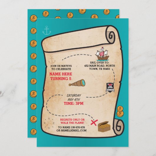 Pirate Treasure Map Anniversaire Navire Invitation (Devant / Derrière)