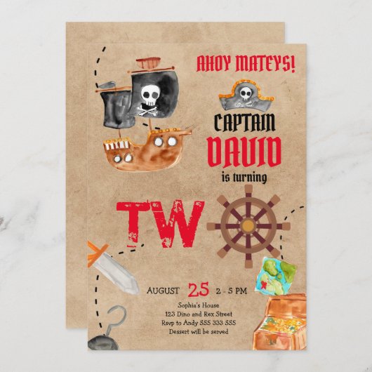 Pirate Tweede Verjaardag Jongen 2e Verjaardag Part Kaart (Voorkant / Achterkant)