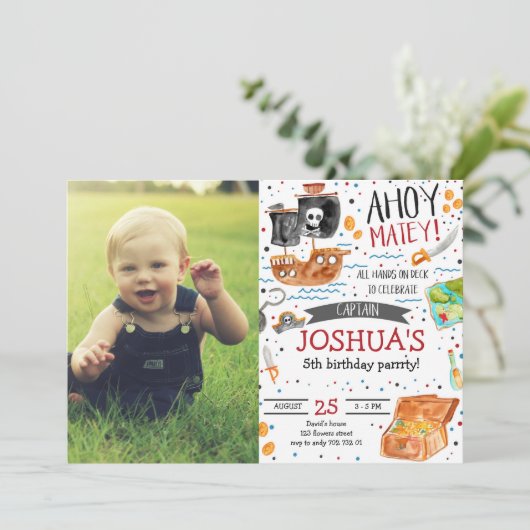 Pirate Verjaardag Ahoy Pirate Boy Party met Foto Kaart (Staand voorkant)