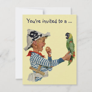  Pirate w Parrot, Birthday Party Invitation Kaart