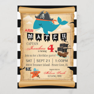 Pirate Whale and Starfish Birthday Invitations Kaart