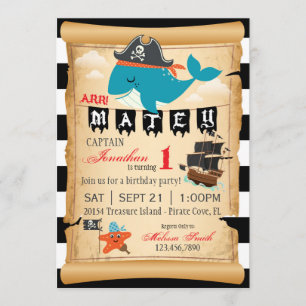 Pirate Whale and Starfish Birthday Invitations Kaart