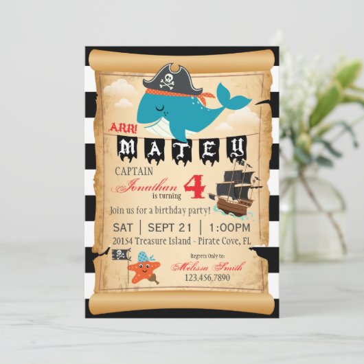 Pirate Whale en Starfish verjaardagsuitnodigingen Kaart (Staand voorkant)