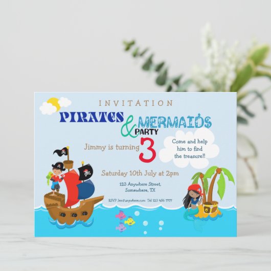 Piraten en Zeemeermin Kleurrijk Kind Verjaardagsfe Kaart (Staand voorkant)
