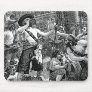 Piraten uit het verleden vechten en drinken op het muismat