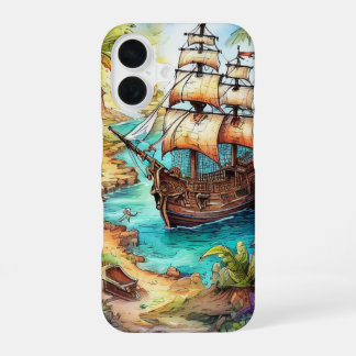 Piratenboot arriveert bij een tropisch eiland iPhone 16 hoesje
