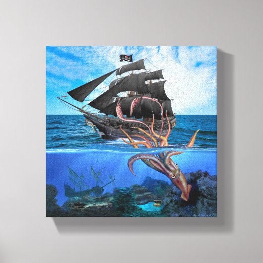 Piratenboot vs De Reuzenpijlinktvis Canvas Afdruk (Voorkant)