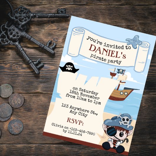 Piratenfeest Uitnodiging met Cute Turtle en Schip