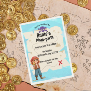 Piratenkaart meisjes verjaardagsfeest uitnodiging