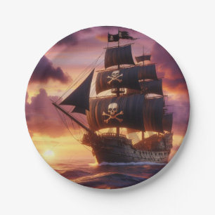 Piratenschip bij zonsopgang/zonsondergang papieren bordje