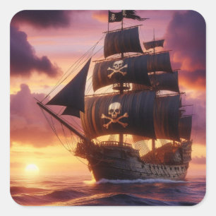 Piratenschip bij zonsopgang/zonsondergang vierkante sticker