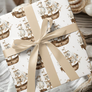 Piratenschip Bruin nautisch thema Verjaardag Cadeaupapier