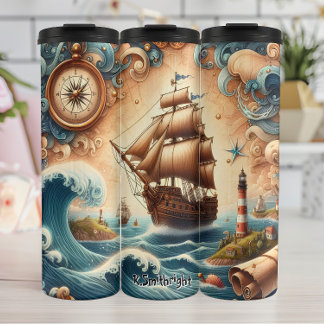 Piratenschip met kompas en golven thermosbeker