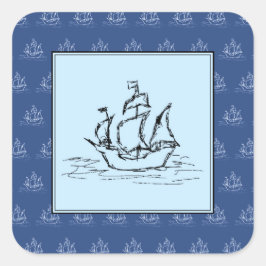 Piratenschip op schip patroon, blauw. vierkante sticker
