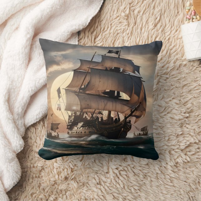 Piratenschip vaart bij zonsondergang met golvende  kussen (Deken)