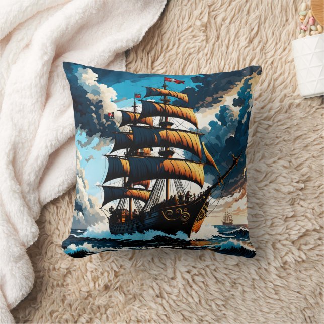 Piratenschip vaart door stormachtige Zeeen bij zon Kussen (Deken)