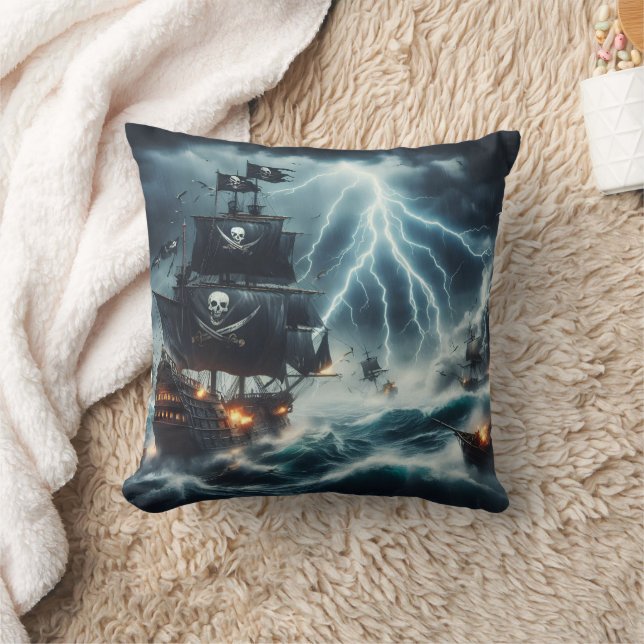 Piratenschip vecht 's nachts tegen stormachtige Ze Kussen (Deken)