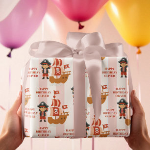 piratenverjaardag Red Ship en kapitein Cadeaupapier
