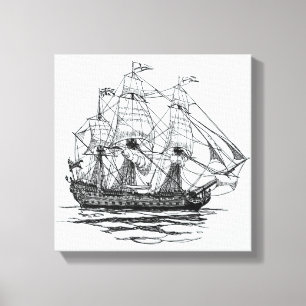  Pirates Galleon, Schets van een schip van 74 Pist Canvas Afdruk