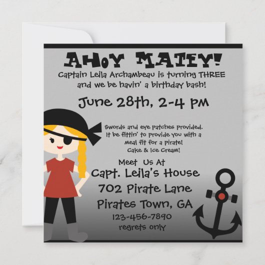 Pirates Girl Party comme un Invitation d'anniversa (Dos)