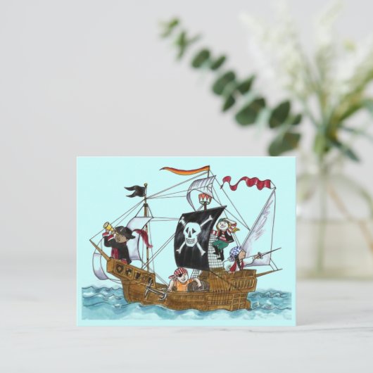PIRATES PARTIJ THEME SHIP SAILS JR FLAG INVITATION KAART (Staand voorkant)