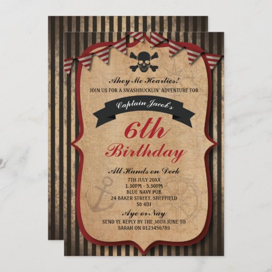 Pirates thème anniversaire invitation (Devant / Derrière)