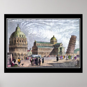 Pisa Basiliek en Toren 1830 Kunst Vintage Poster