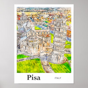 Pisa Italië Waterverf Schets Hand getekend Poster