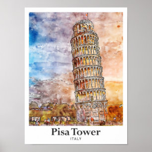 Pisa Tower Italië Reizen Waterverf Hand getekend Poster