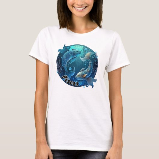 Pisces Blauwgroen en Black Waterverf Zodiac T-Shir T-shirt (Voorkant)