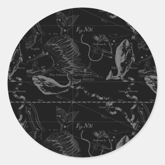 Pisces Constellation Hevelius 1690 on Black Ronde Sticker (Voorkant)