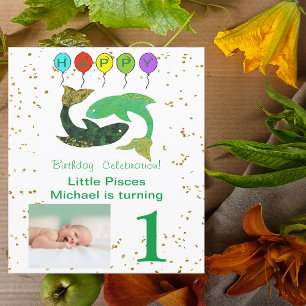 Pisces First Birthday Gold, ballonnen en foto's Kaart