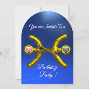 PISCES Gold Aqua Blue Zodiac Birthday Party Kaart