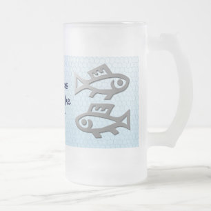 Pisces Star Sign Silver Fish op Blue Drink Glass Matglas Bierpul
