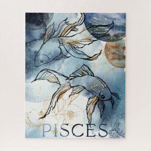 Pisces twin fish zodiac black gold flowers planes legpuzzel