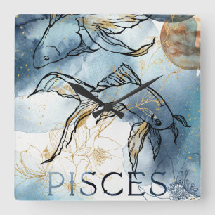 Pisces twin fish zodiac black gold flowers planes vierkante klok