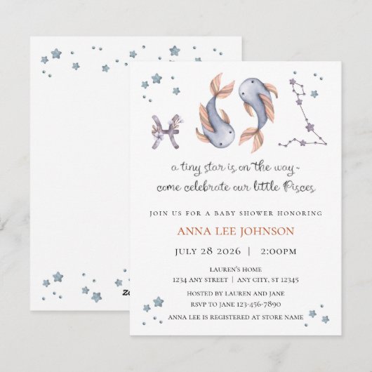 Pisces Zodiac Baby Shower Invitation (Devant / Derrière)