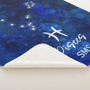 Pisces Zodiac Constellation Blue Galaxy Monogram Sherpa Deken