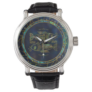 Pisces Zodiac Gold Abalone op constellatie Horloge