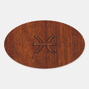 Pisces Zodiac Sign in Mahogany wood style Ovale Sticker