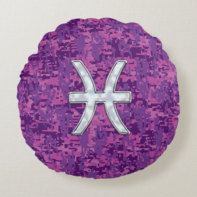 Pisces Zodiac Sign on Fuchsia Digital Camo Rond Kussen (Voorkant)