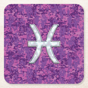 Pisces Zodiac Sign on Fuchsia Digital Camo Vierkante Kartonnen Onderzetter