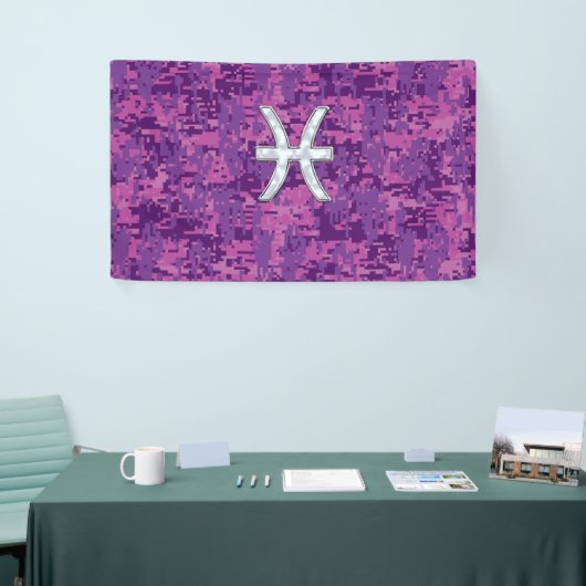 Pisces Zodiac Sign on Fuchsia Pink Digital Camo Spandoek (Beurs)