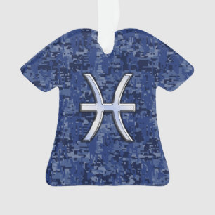 Pisces Zodiac Sign on Navy Blue Digital Camouflage Ornament