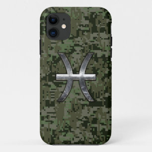 Pisces Zodiac Sign on Woodland Digital Camo Decor iPhone 11 Hoesje