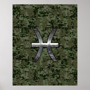 Pisces Zodiac Sign on Woodland Digital Camouflage Poster