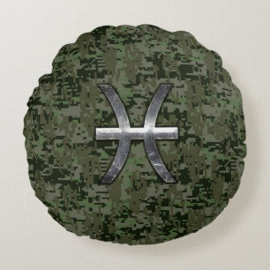 Pisces Zodiac Symbol Woodland Digital Camouflage Rond Kussen