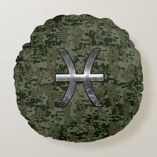 Pisces Zodiac Symbol Woodland Digital Camouflage Rond Kussen (Voorkant)