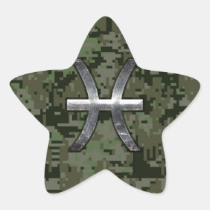 Pisces Zodiac Symbol Woodland Green Digital Camo Ster Sticker