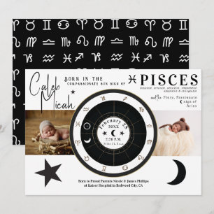 Pisces Zon & Maan Teken Zodiac Geboorte Aankondigi Kaart